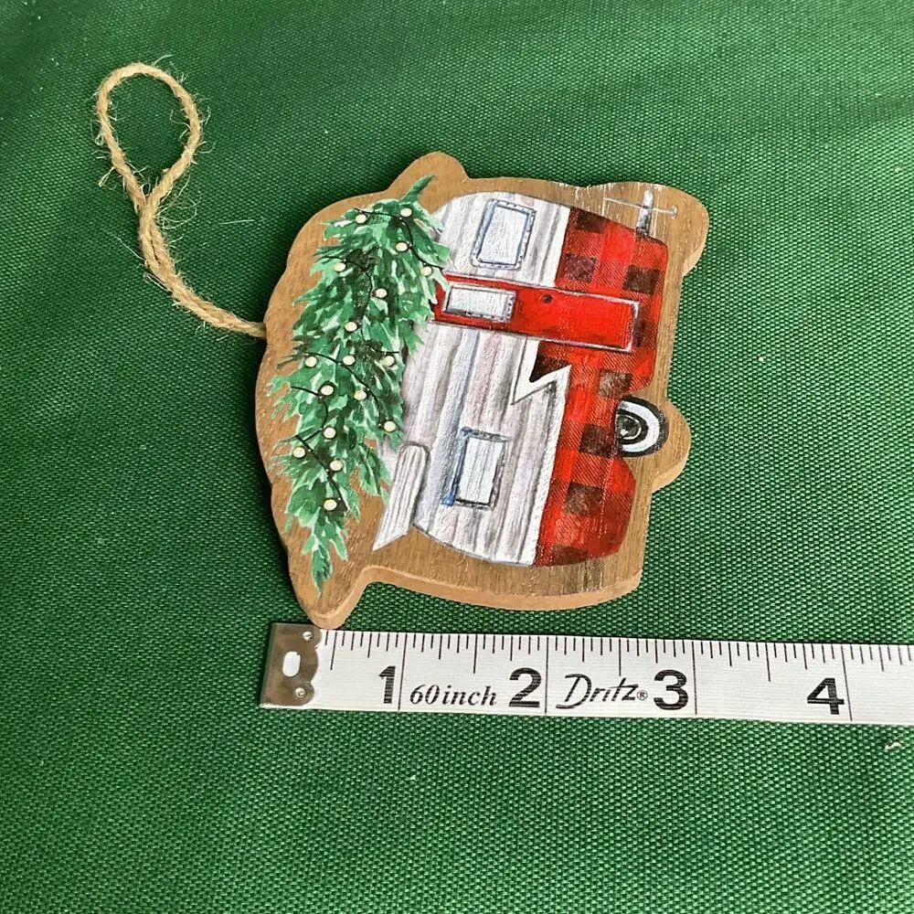 Vintage Camper Wooden Christmas Ornament - Red Buffalo Plaid RV with Tree